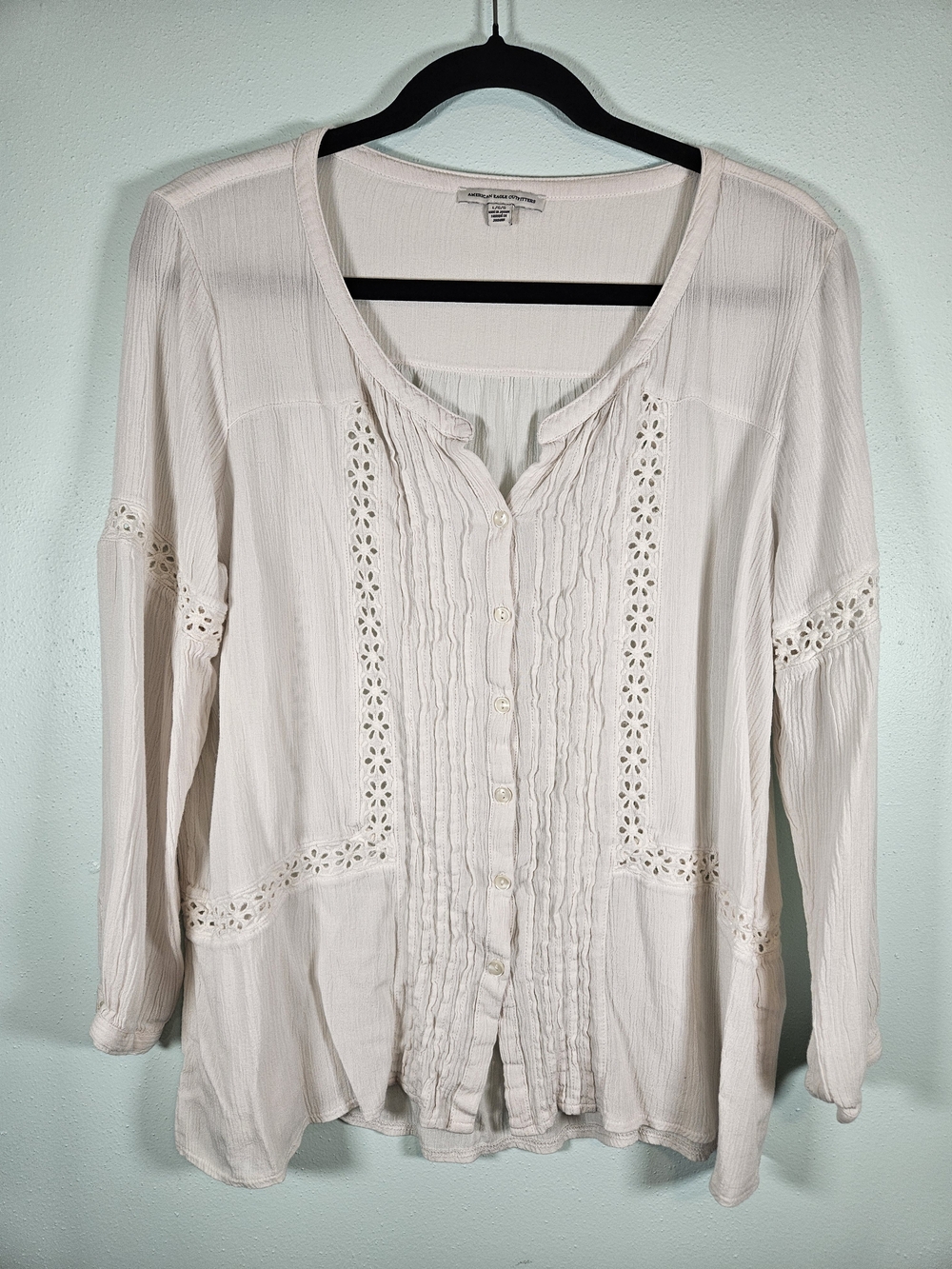 American Eagle Outfitters Cream Pintuck & Crochet Button-Down Blouse